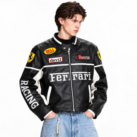 Ferrari Vintage Racing Leather Jacket – Black & White Motorsport Edition