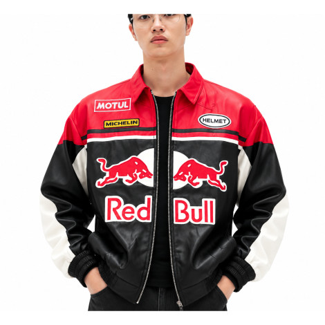 Red Bull Vintage Racing Leather Jacket – Red, Black & White Motorsport Edition