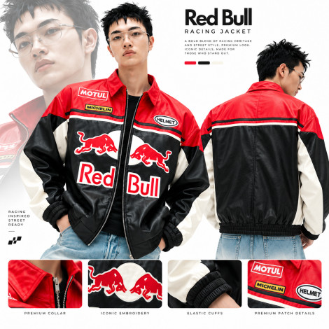 Red Bull Vintage Racing Leather Jacket – Red, Black & White Motorsport ...